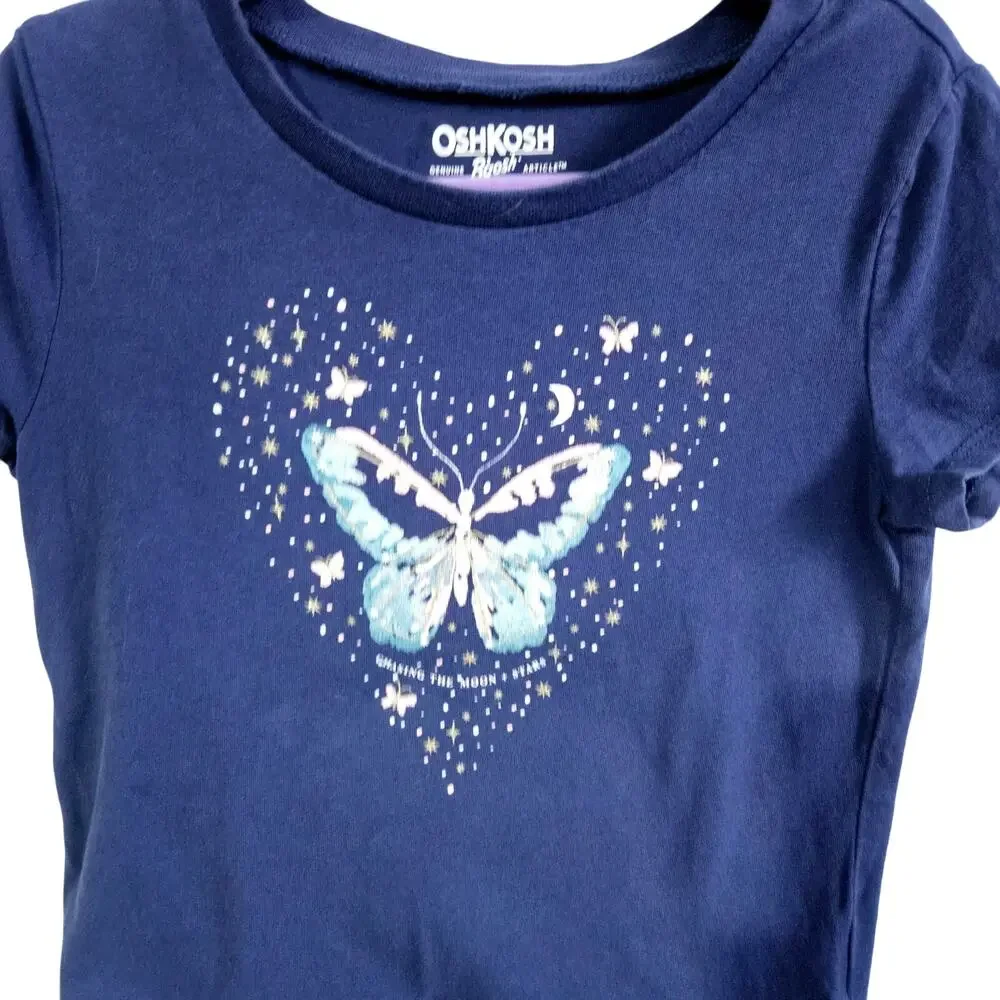 OshKosh Girls 5 Short Sleeve Butterfly Graphic Tee Blue Stars Moon Fairycore